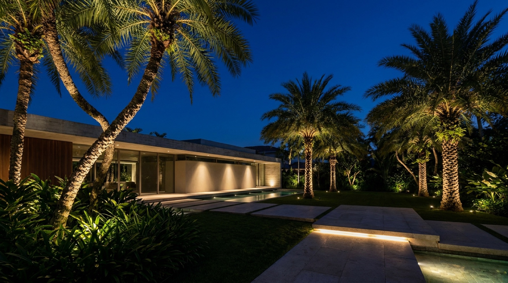 A garden tree lit by Ilumitor landscape fixtures at dusk