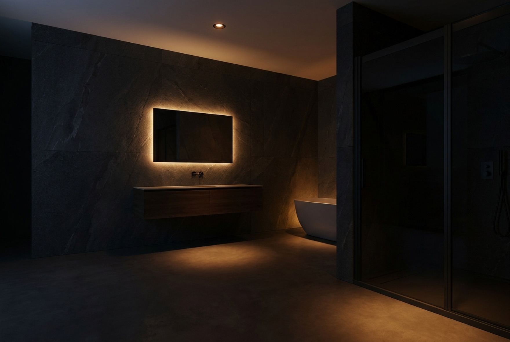 A bathroom lit at 1% by an Ilumitor circadian-safe signal light
